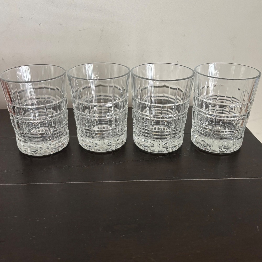 Set of 4 | Clear Glass | Etched Plaid | Double Old-Fashioned Glasses